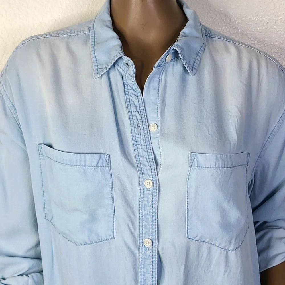 Shirt Dress Chambray Denim Size Small Lightweight Pockets Tab Sleeves Casual - Picture 2 of 6